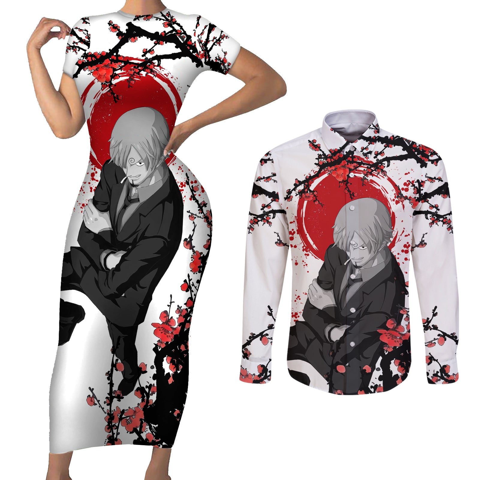 Vinsmoke Sanji One Piece Japan Style Anime Couples Matching Short Sleeve Bodycon Dress and Long Sleeve Button Shirt