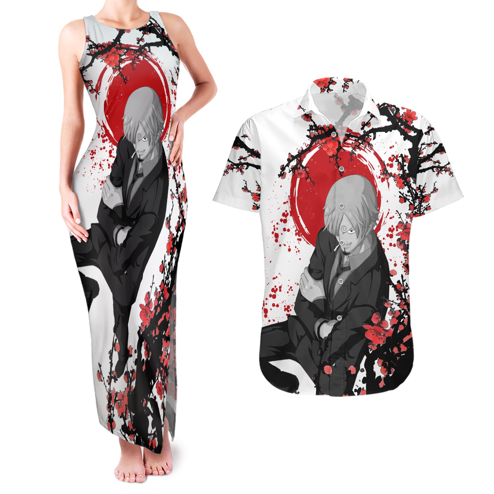 Vinsmoke Sanji One Piece Japan Style Anime Couples Matching Tank Maxi Dress and Hawaiian Shirt