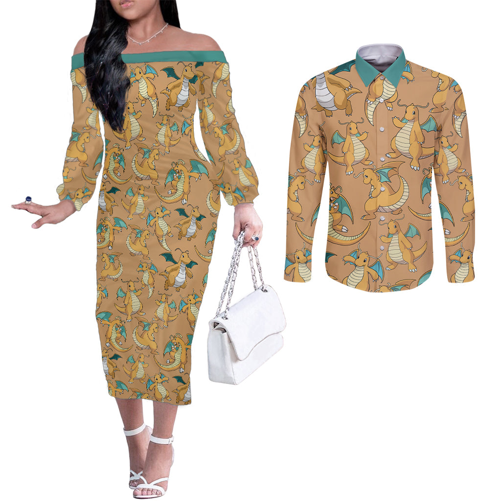 Dragonite Pattern Style Couples Matching Off The Shoulder Long Sleeve Dress and Long Sleeve Button Shirt