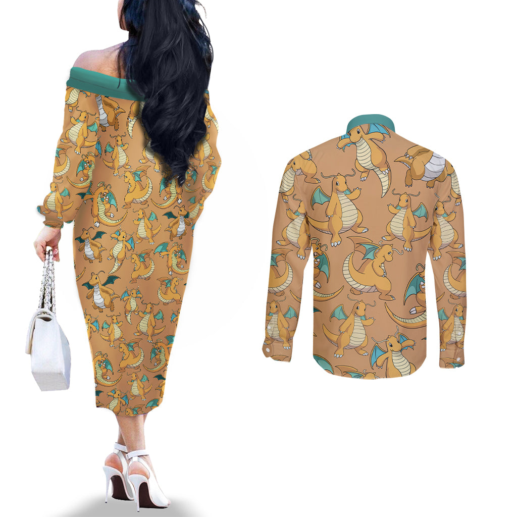 Dragonite Pattern Style Couples Matching Off The Shoulder Long Sleeve Dress and Long Sleeve Button Shirt