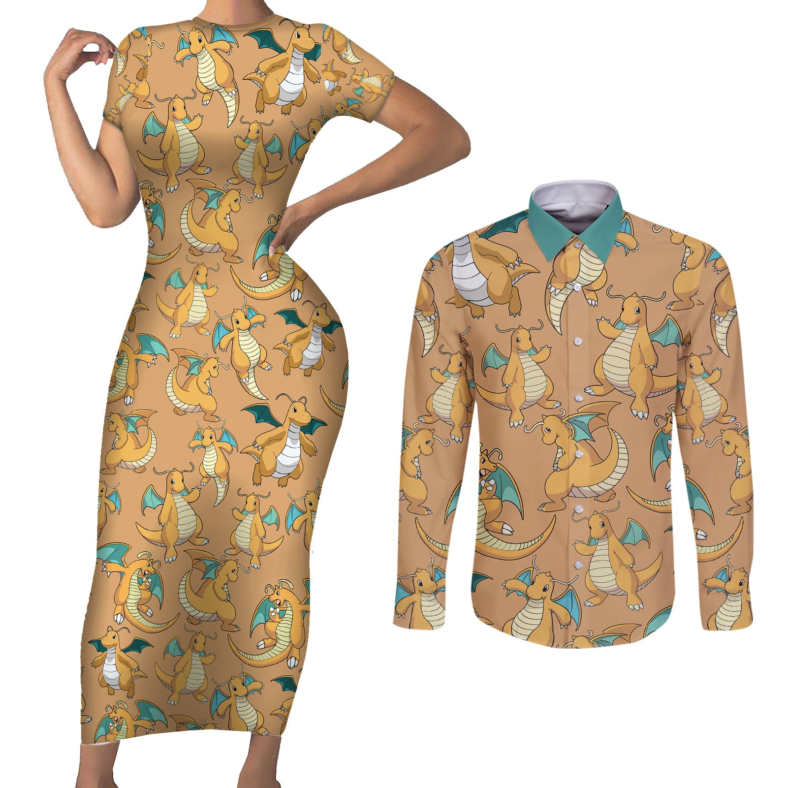 Dragonite Pattern Style Couples Matching Short Sleeve Bodycon Dress and Long Sleeve Button Shirt
