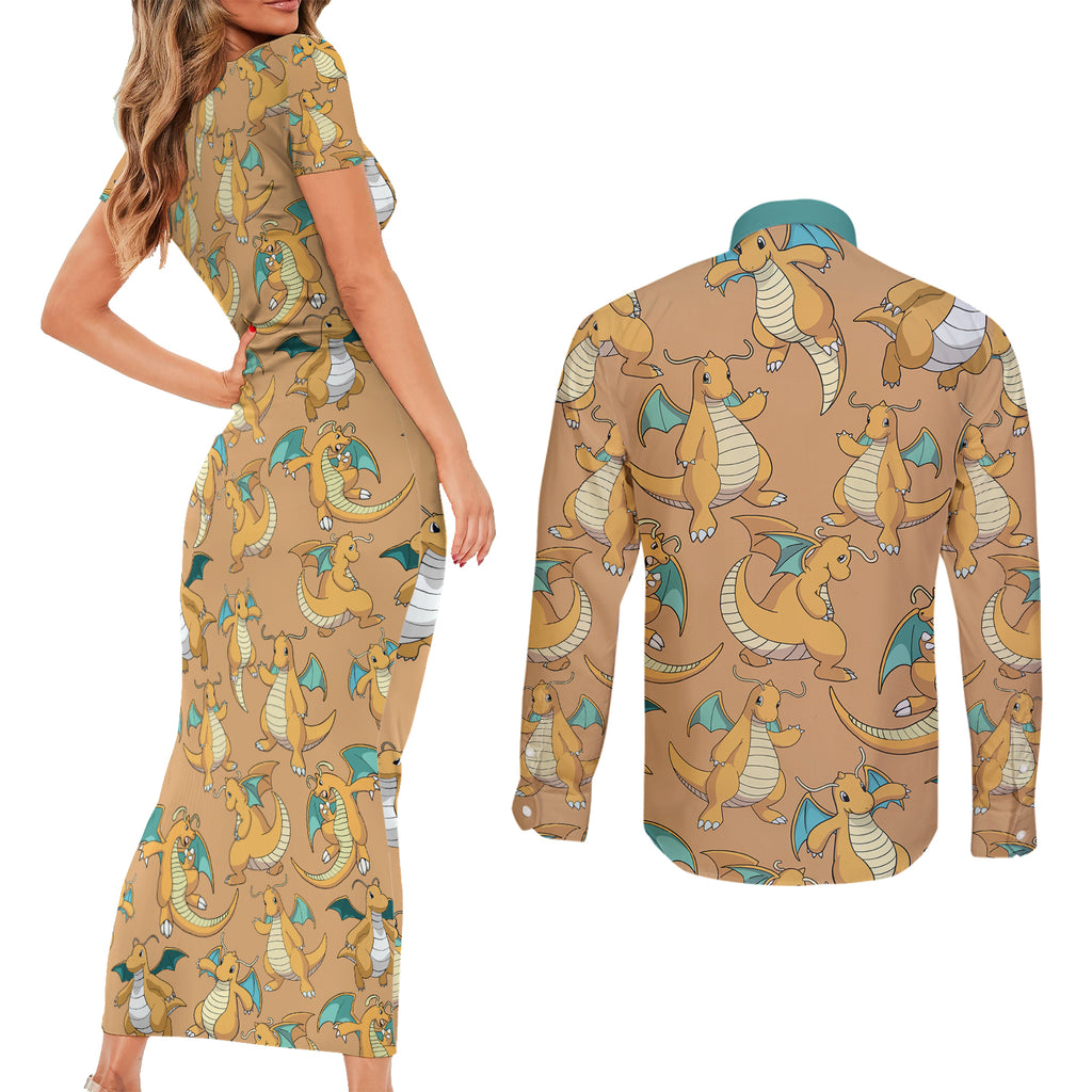 Dragonite Pattern Style Couples Matching Short Sleeve Bodycon Dress and Long Sleeve Button Shirt