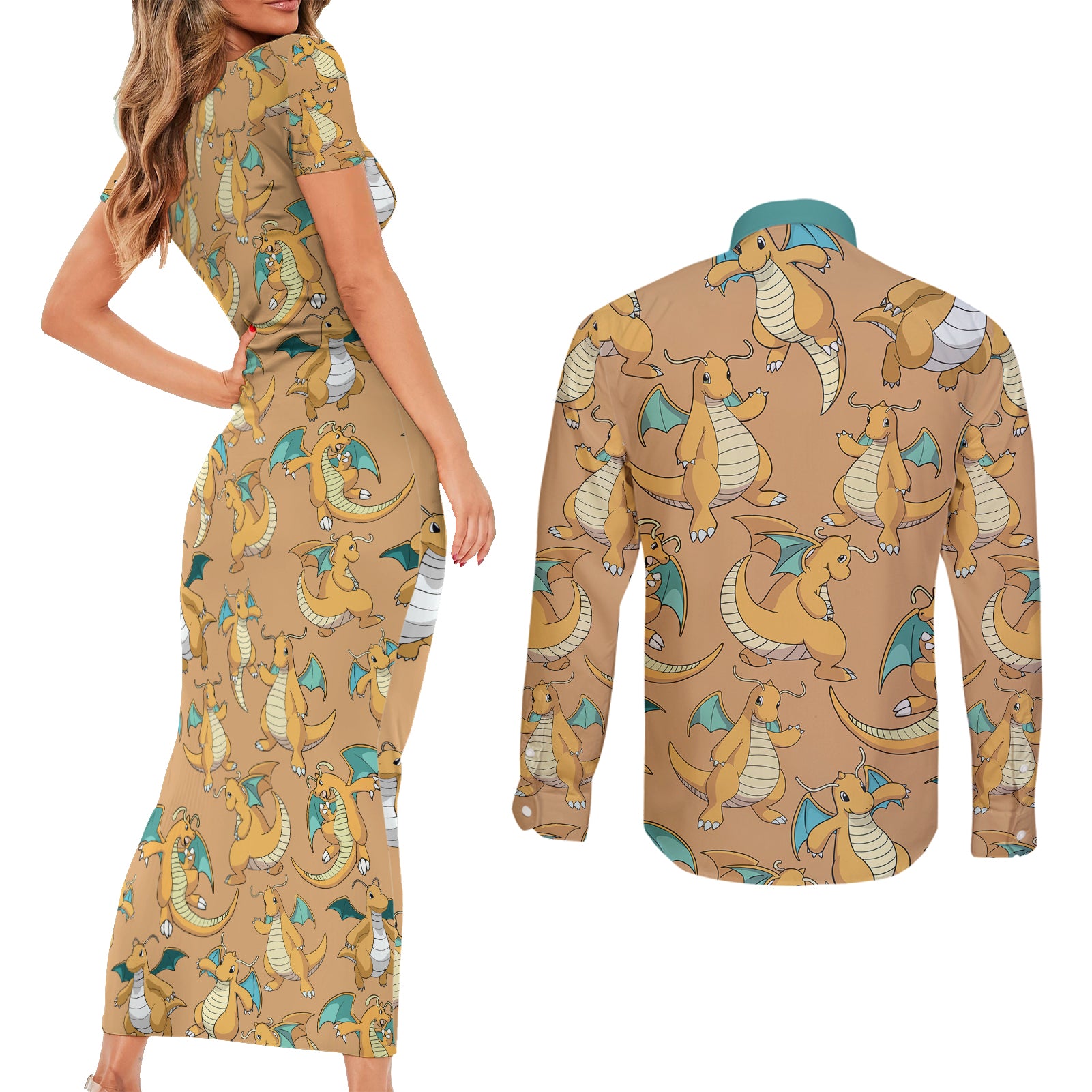 Dragonite Pattern Style Couples Matching Short Sleeve Bodycon Dress and Long Sleeve Button Shirt