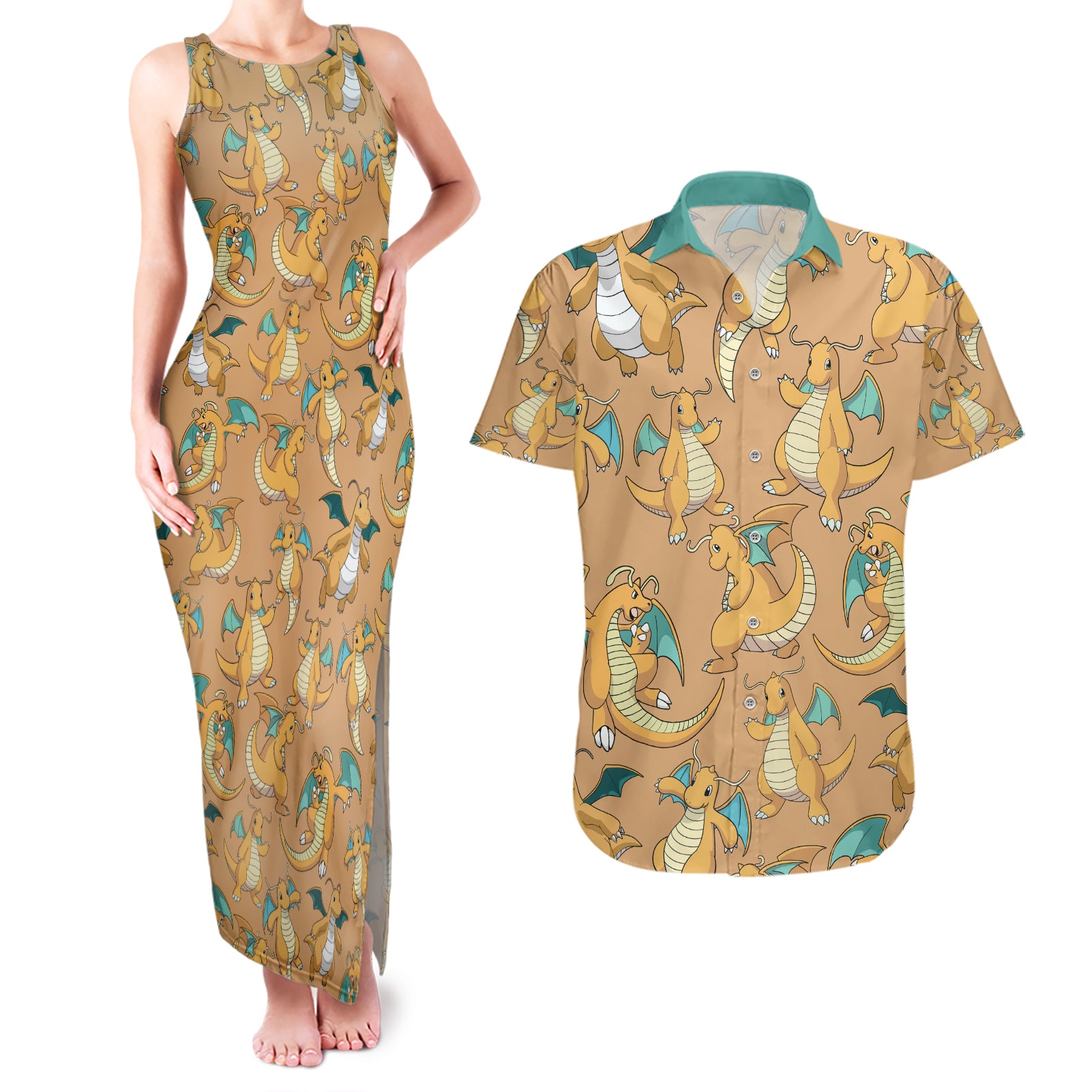 Dragonite Pattern Style Couples Matching Tank Maxi Dress and Hawaiian Shirt