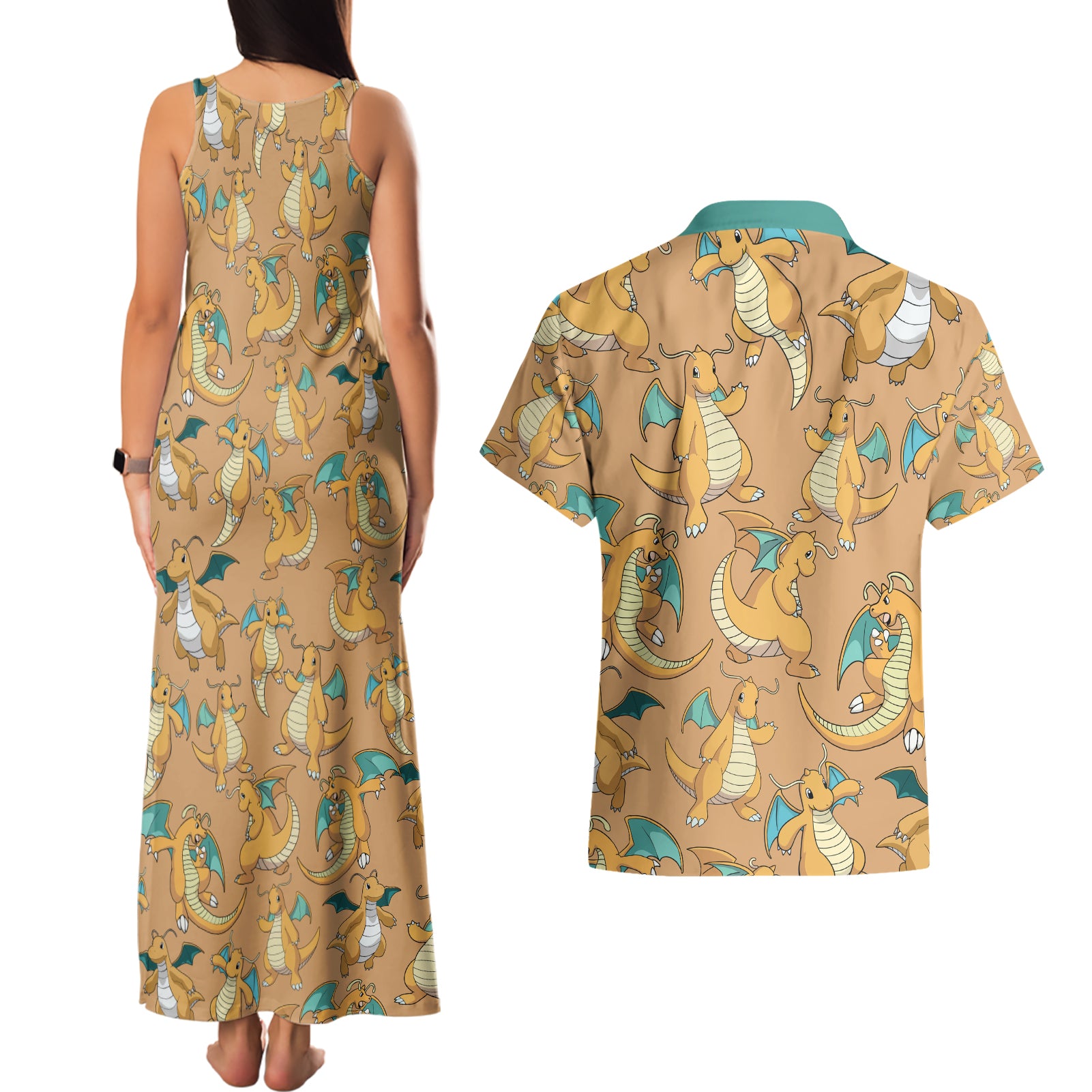 Dragonite Pattern Style Couples Matching Tank Maxi Dress and Hawaiian Shirt