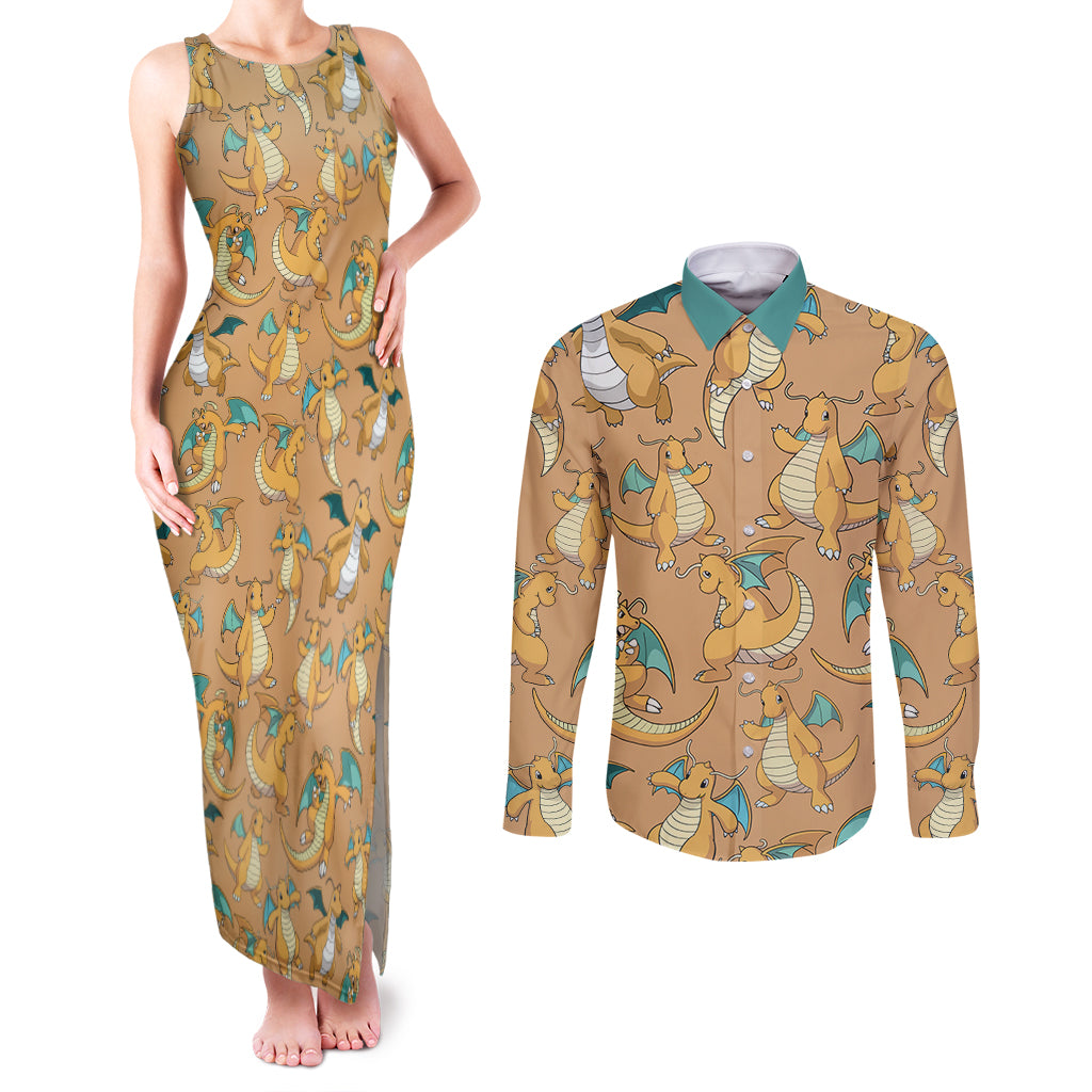 Dragonite Pattern Style Couples Matching Tank Maxi Dress and Long Sleeve Button Shirt