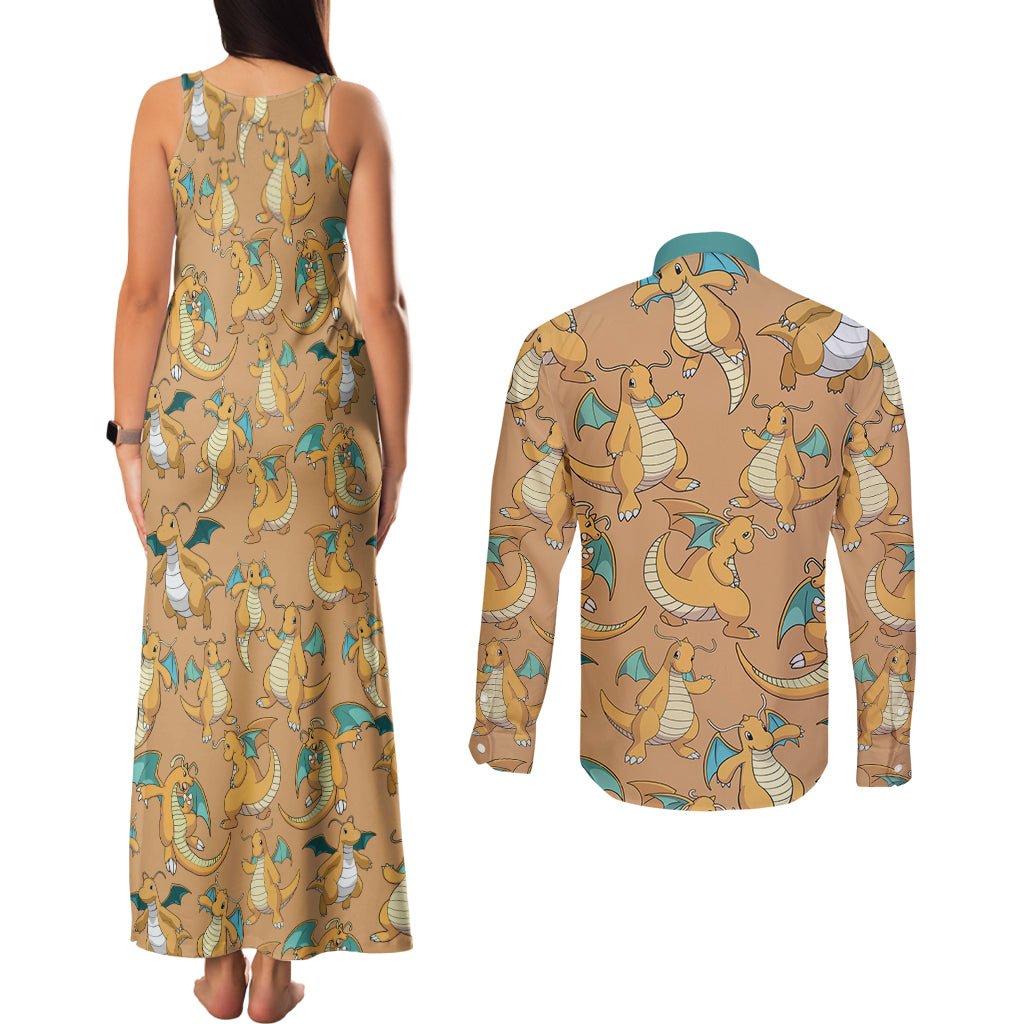 Dragonite Pattern Style Couples Matching Tank Maxi Dress and Long Sleeve Button Shirt