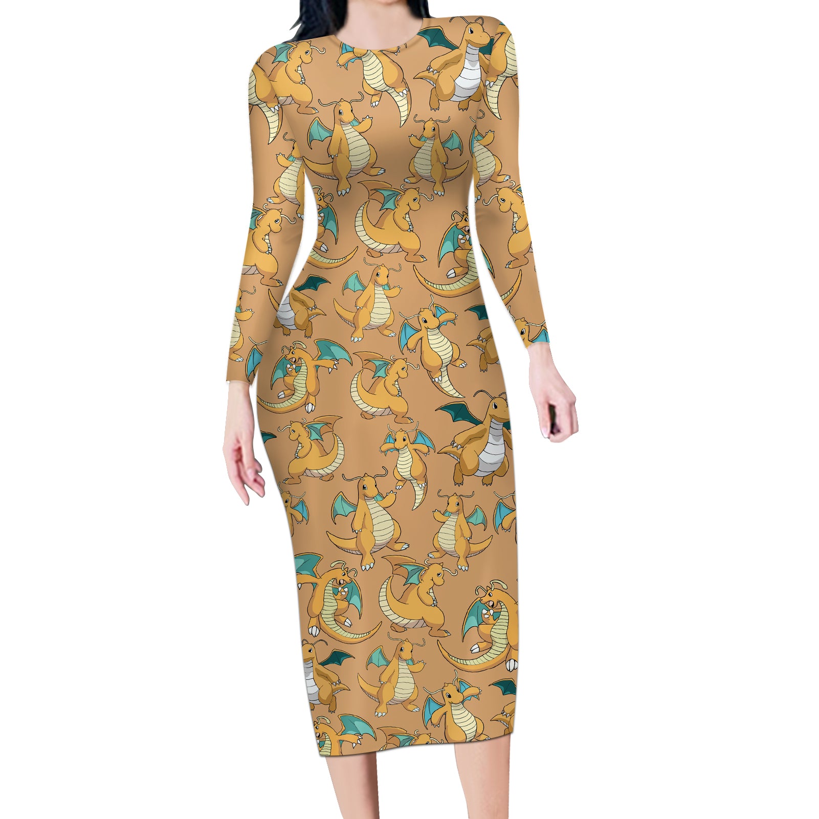 Dragonite Pattern Style Long Sleeve Bodycon Dress
