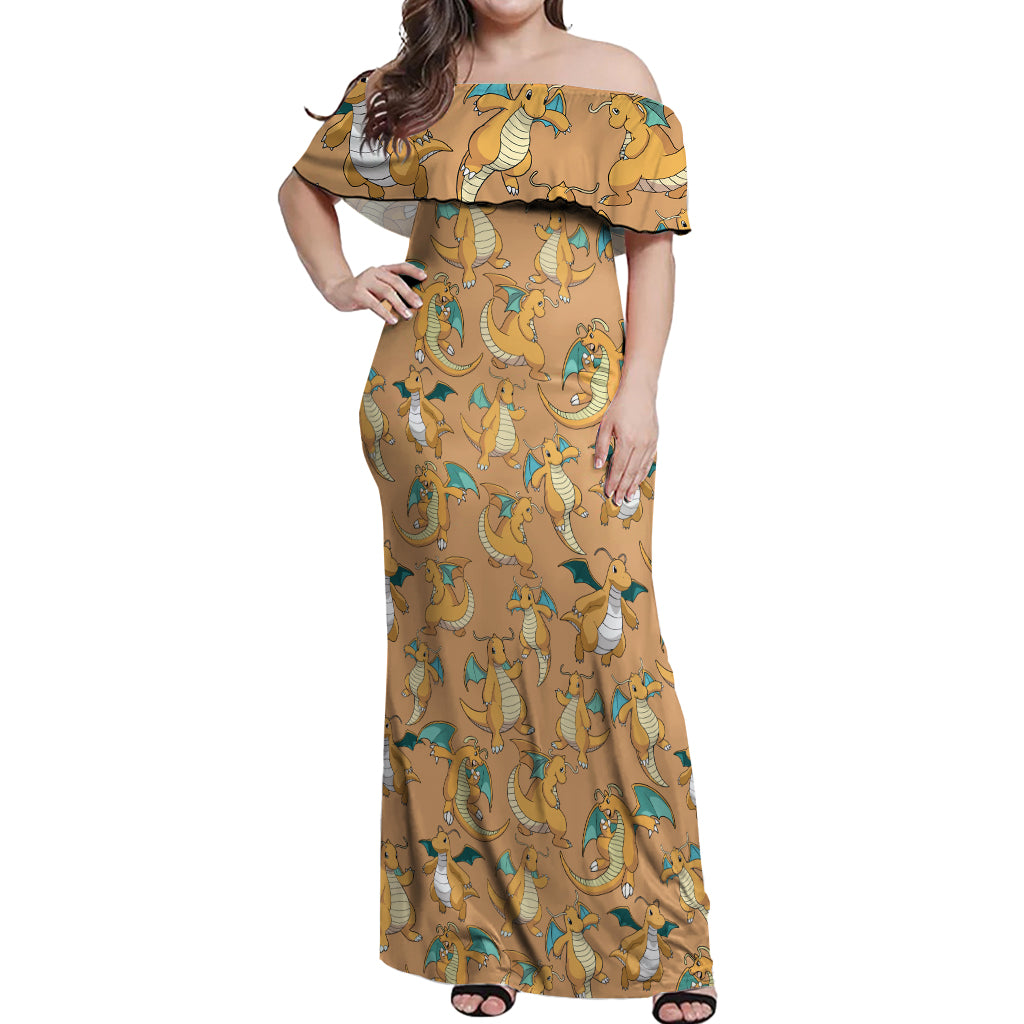 Dragonite Pattern Style Off Shoulder Maxi Dress