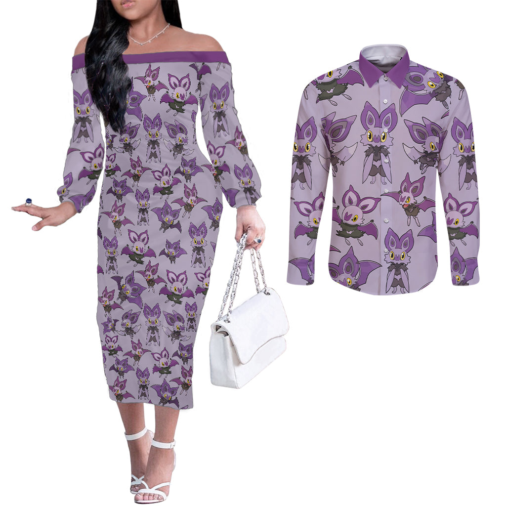 Noibat Clothes Pattern Style Couples Matching Off The Shoulder Long Sleeve Dress and Long Sleeve Button Shirt
