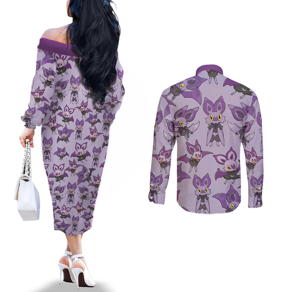 Noibat Clothes Pattern Style Couples Matching Off The Shoulder Long Sleeve Dress and Long Sleeve Button Shirt
