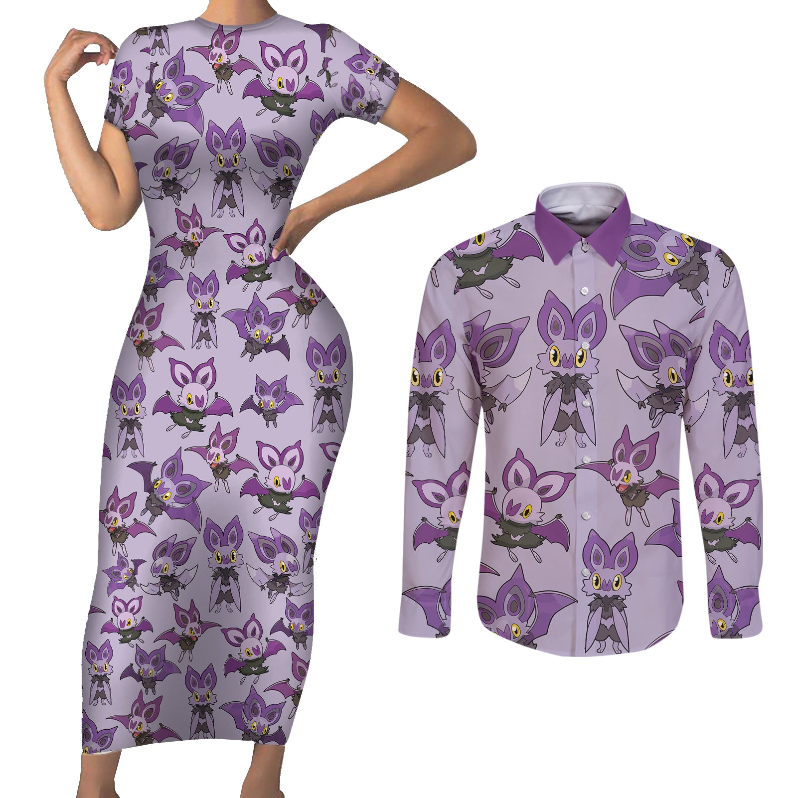 Noibat Clothes Pattern Style Couples Matching Short Sleeve Bodycon Dress and Long Sleeve Button Shirt