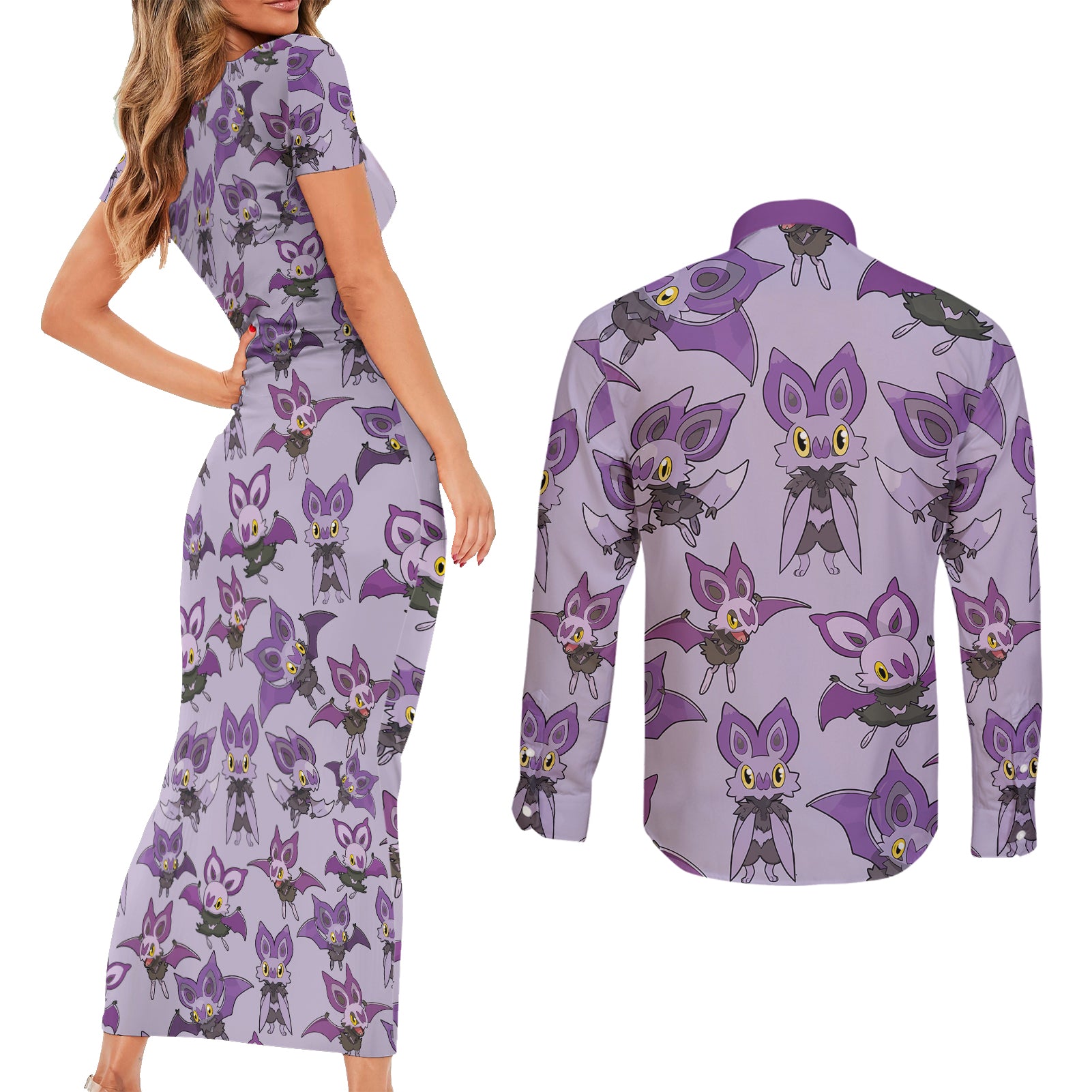 Noibat Clothes Pattern Style Couples Matching Short Sleeve Bodycon Dress and Long Sleeve Button Shirt