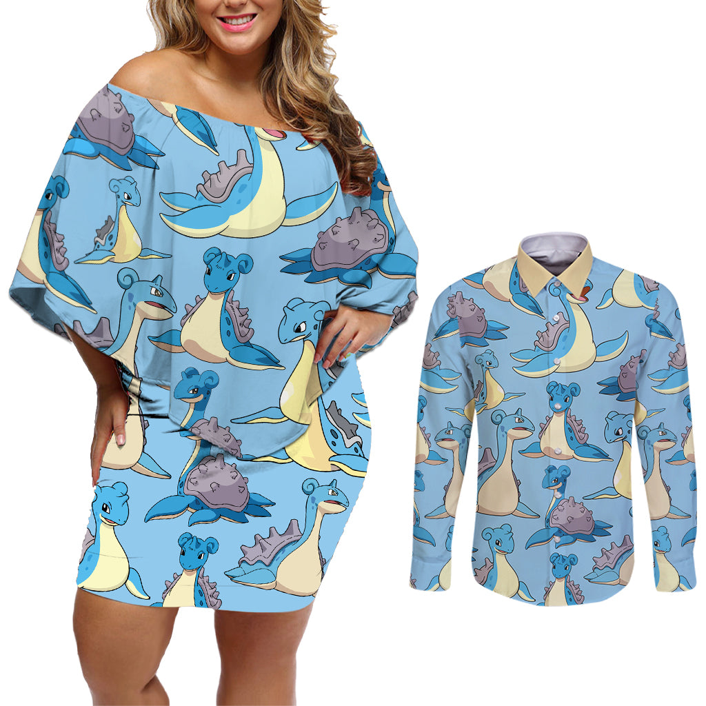 Lapras Clothes Pattern Style Couples Matching Off Shoulder Short Dress and Long Sleeve Button Shirt