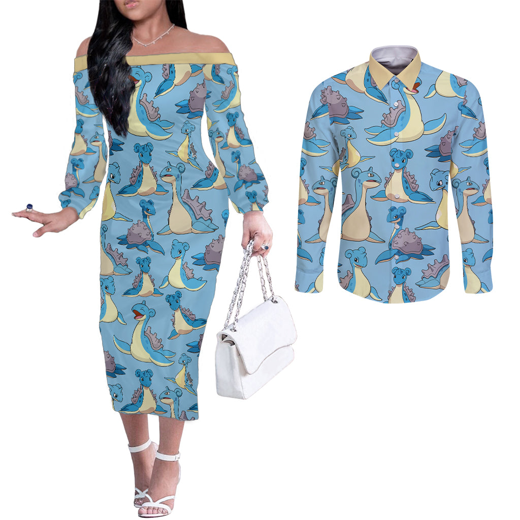 Lapras Clothes Pattern Style Couples Matching Off The Shoulder Long Sleeve Dress and Long Sleeve Button Shirt