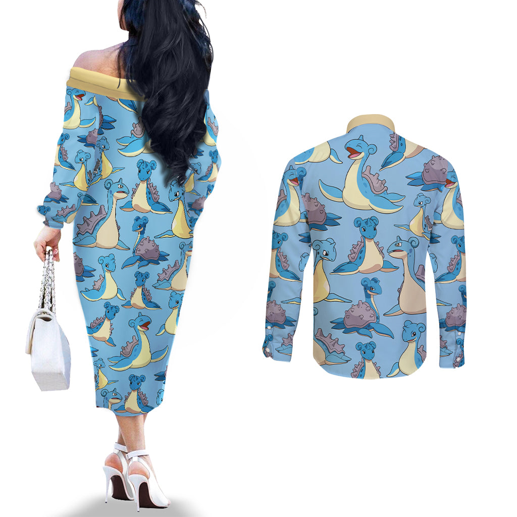 Lapras Clothes Pattern Style Couples Matching Off The Shoulder Long Sleeve Dress and Long Sleeve Button Shirt