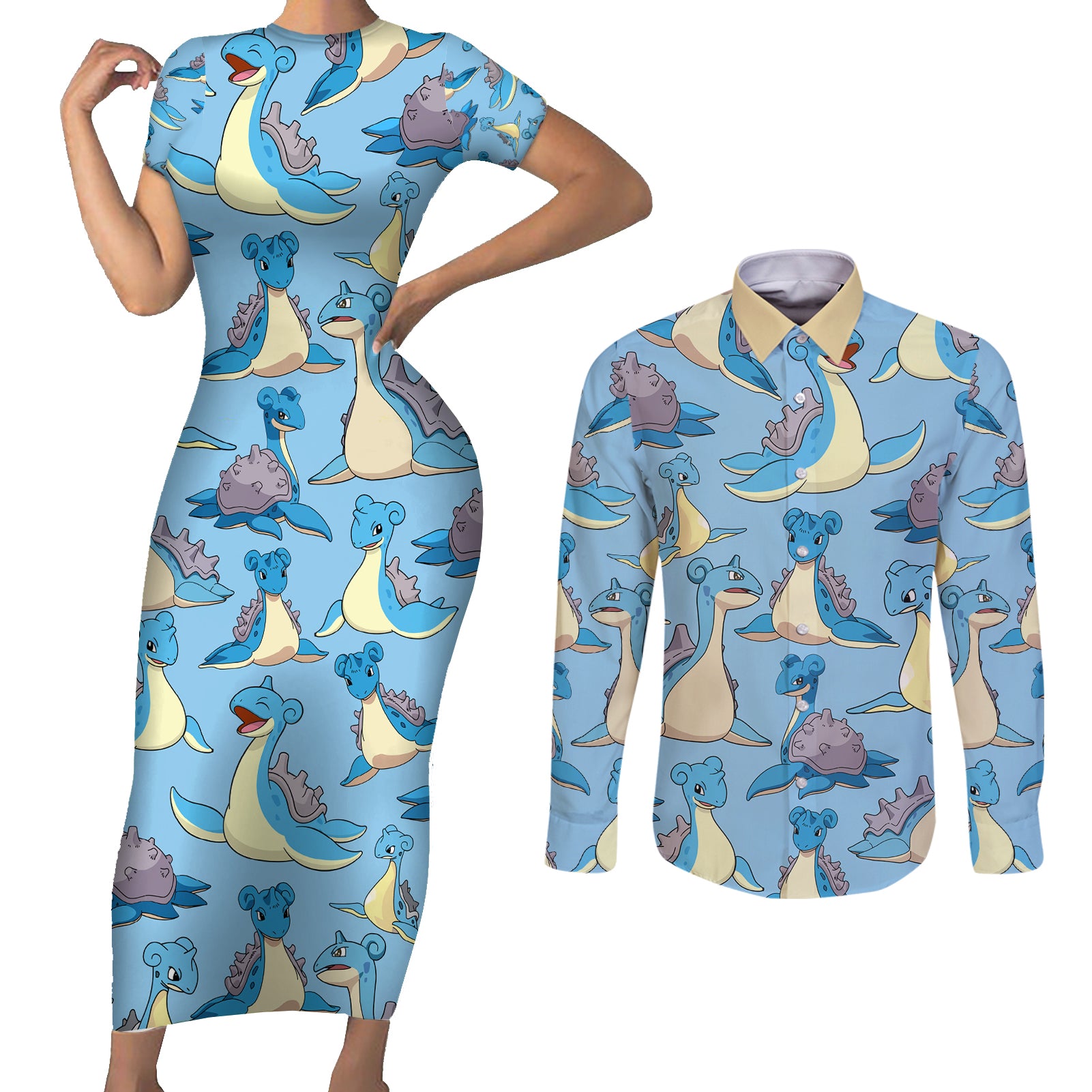Lapras Clothes Pattern Style Couples Matching Short Sleeve Bodycon Dress and Long Sleeve Button Shirt