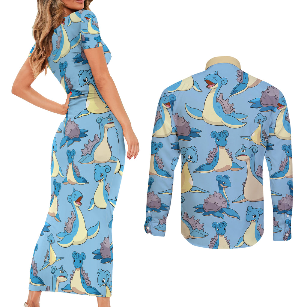 Lapras Clothes Pattern Style Couples Matching Short Sleeve Bodycon Dress and Long Sleeve Button Shirt