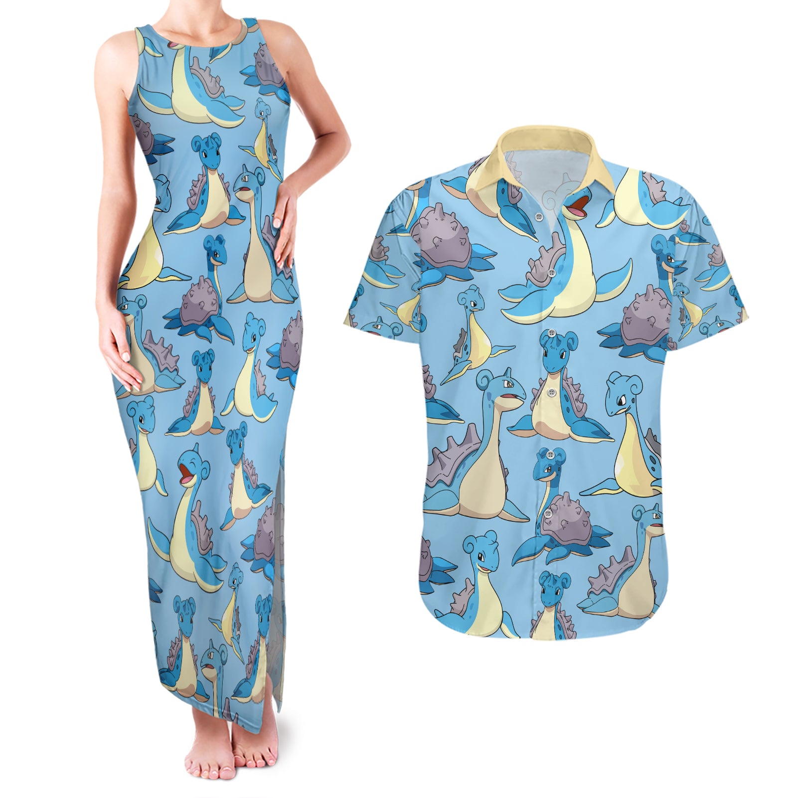 Lapras Clothes Pattern Style Couples Matching Tank Maxi Dress and Hawaiian Shirt
