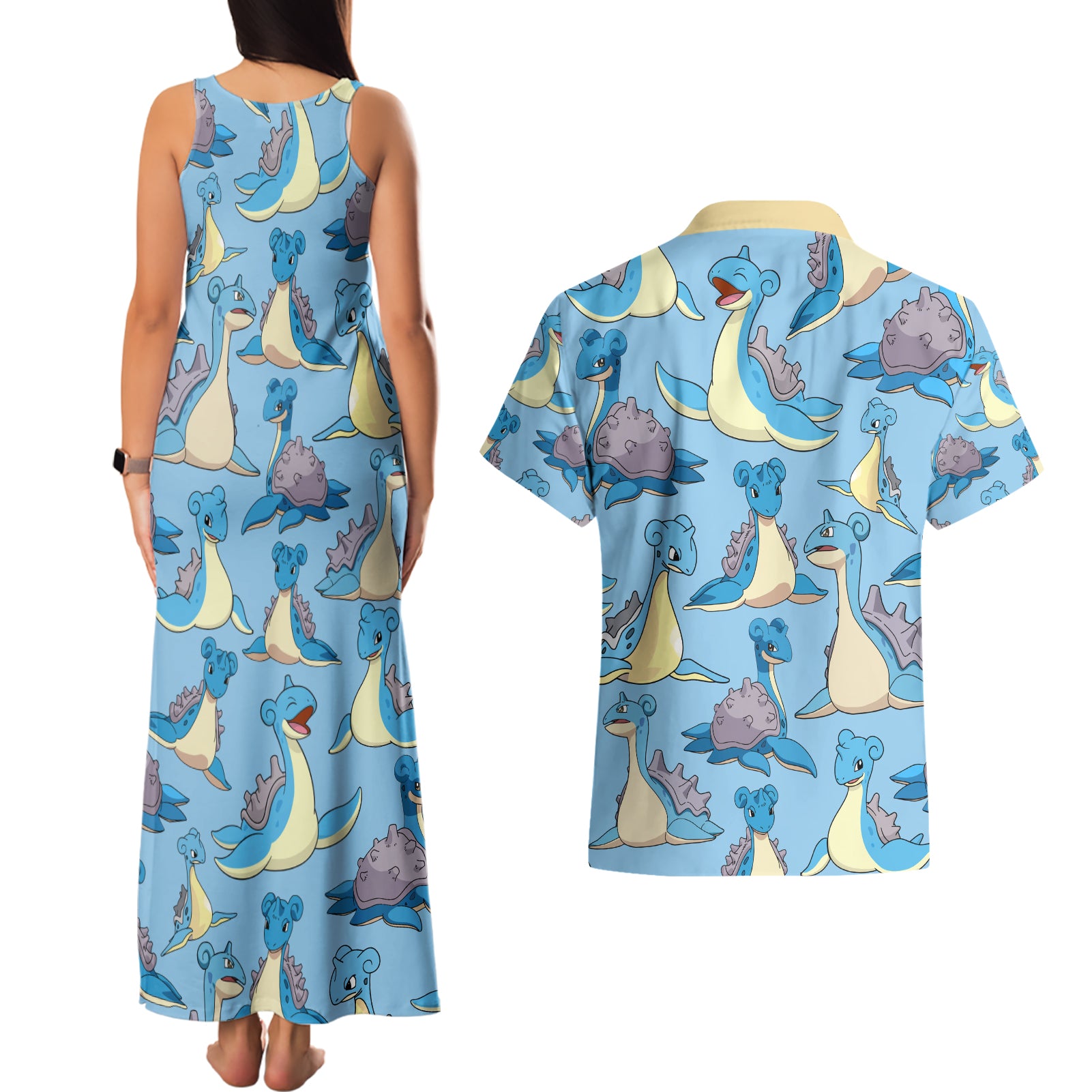 Lapras Clothes Pattern Style Couples Matching Tank Maxi Dress and Hawaiian Shirt