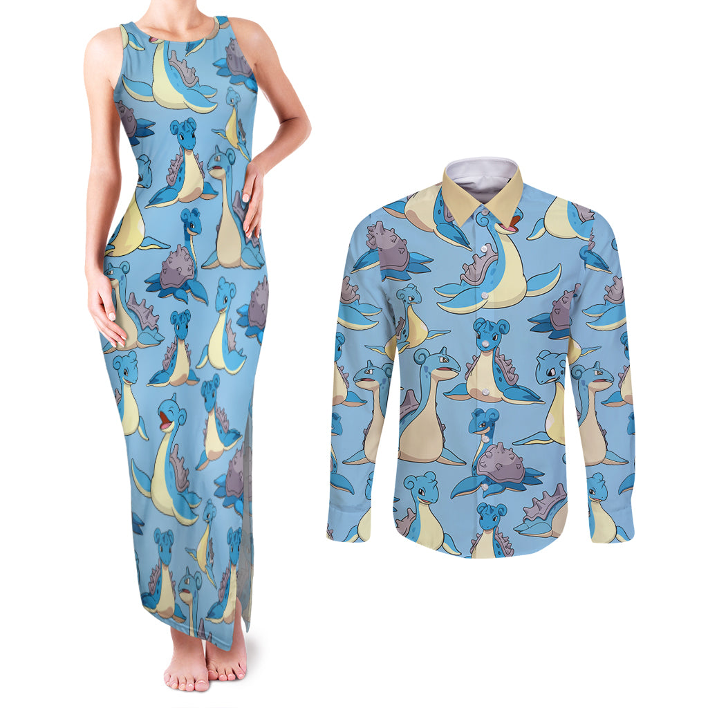 Lapras Clothes Pattern Style Couples Matching Tank Maxi Dress and Long Sleeve Button Shirt