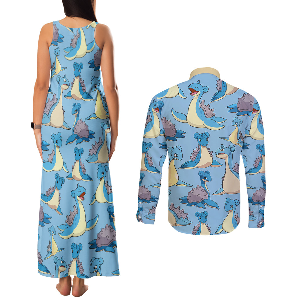 Lapras Clothes Pattern Style Couples Matching Tank Maxi Dress and Long Sleeve Button Shirt