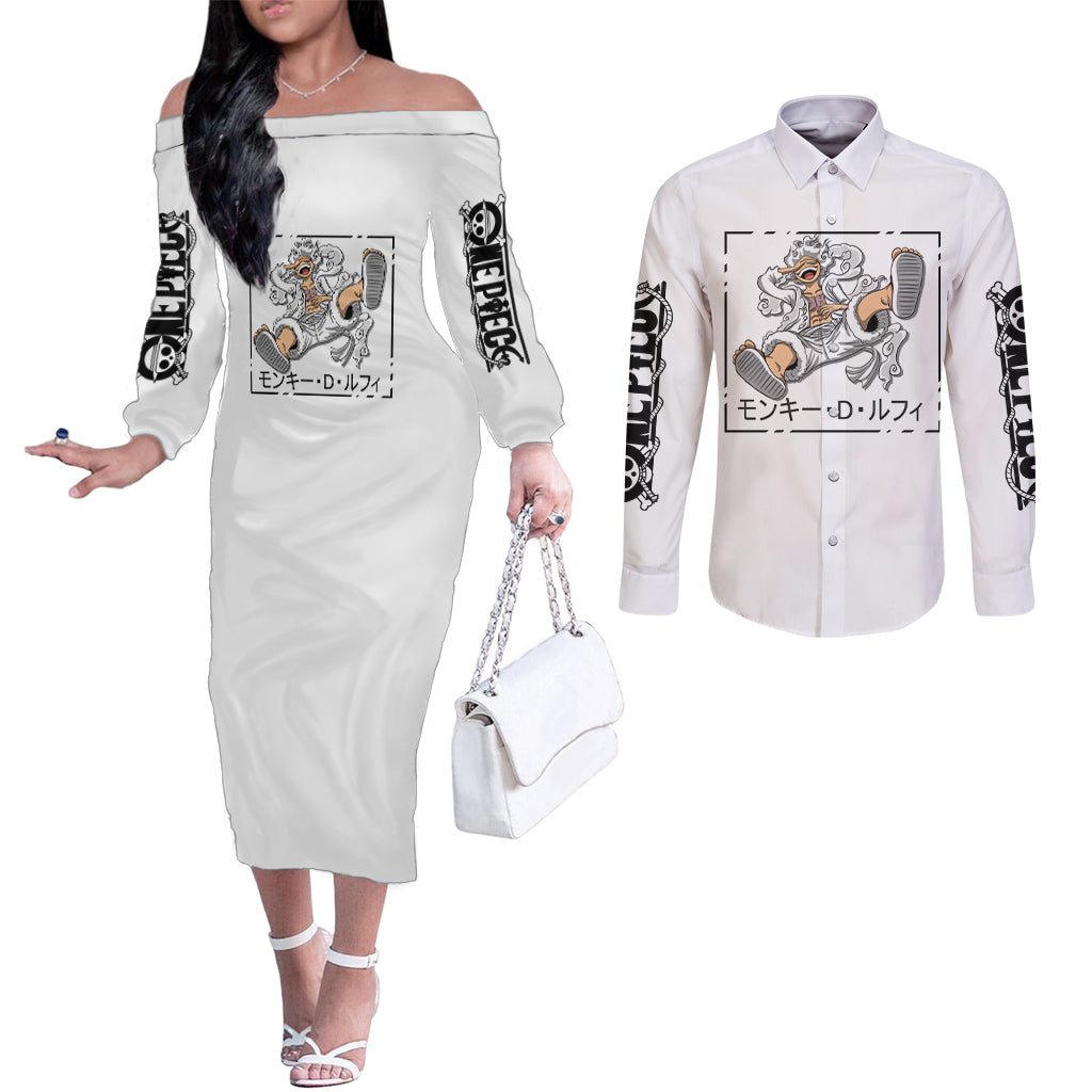 Luffy Gear 5 White Hair One Piece Streetstyle Couples Matching Off The Shoulder Long Sleeve Dress and Long Sleeve Button Shirt