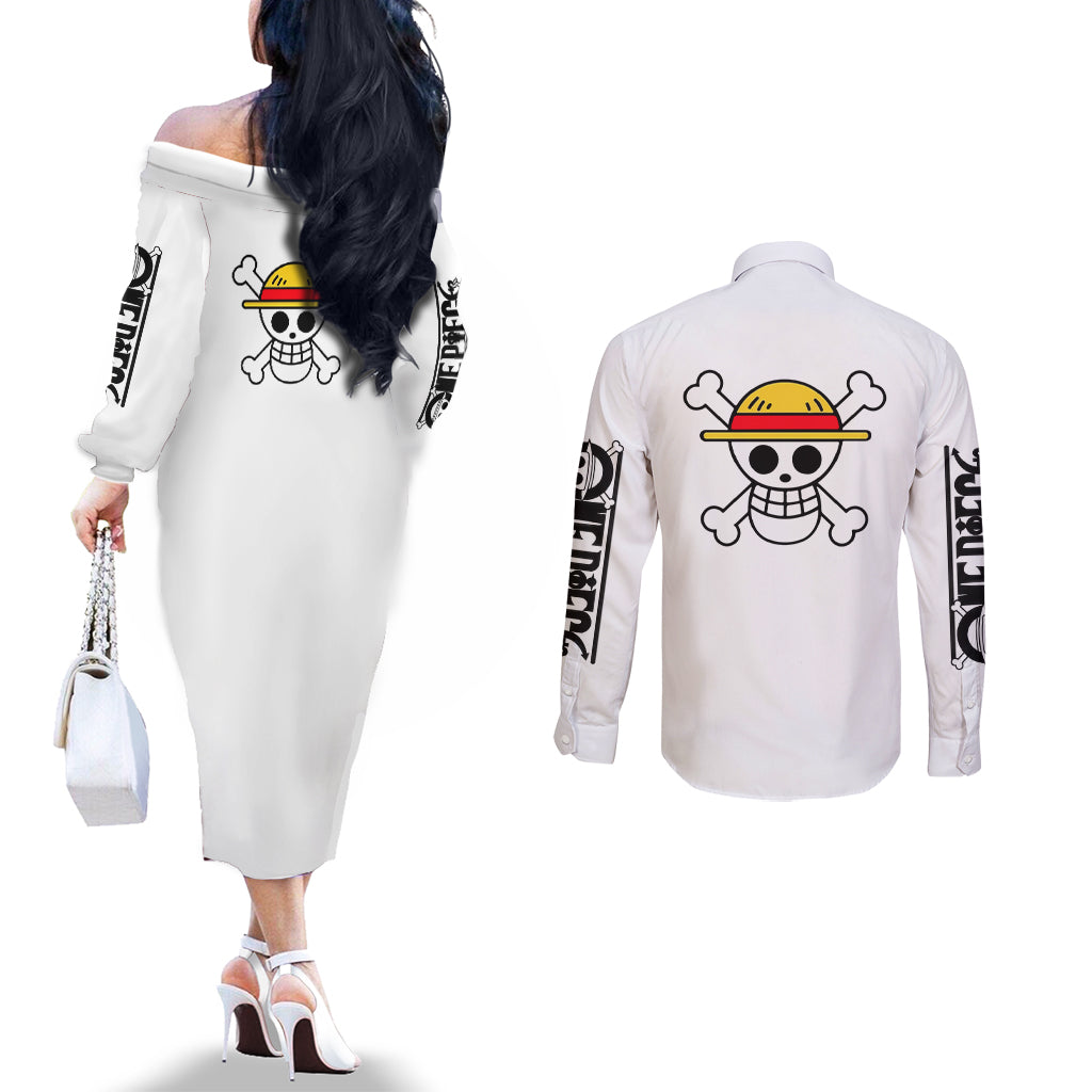 Luffy Gear 5 White Hair One Piece Streetstyle Couples Matching Off The Shoulder Long Sleeve Dress and Long Sleeve Button Shirt