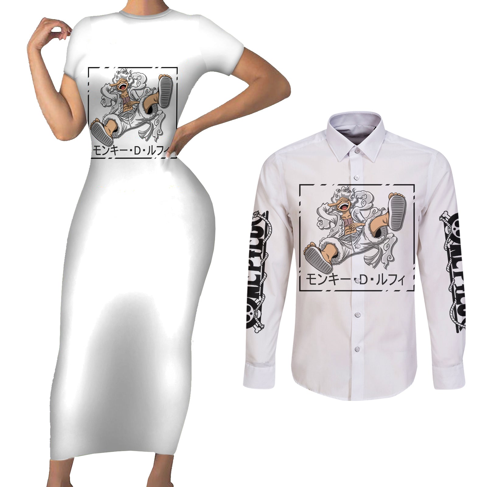 Luffy Gear 5 White Hair One Piece Streetstyle Couples Matching Short Sleeve Bodycon Dress and Long Sleeve Button Shirt