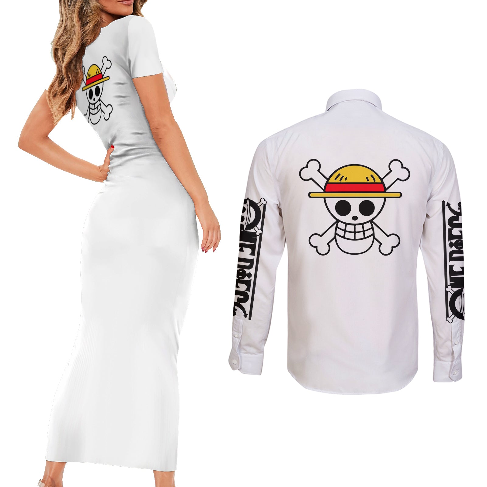Luffy Gear 5 White Hair One Piece Streetstyle Couples Matching Short Sleeve Bodycon Dress and Long Sleeve Button Shirt