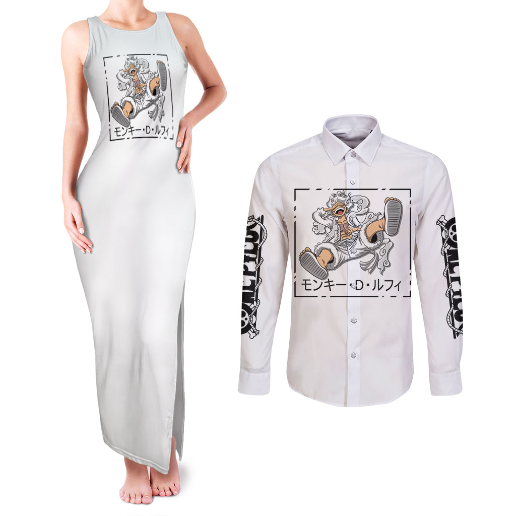 Luffy Gear 5 White Hair One Piece Streetstyle Couples Matching Tank Maxi Dress and Long Sleeve Button Shirt