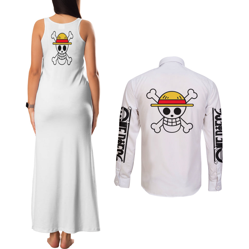 Luffy Gear 5 White Hair One Piece Streetstyle Couples Matching Tank Maxi Dress and Long Sleeve Button Shirt