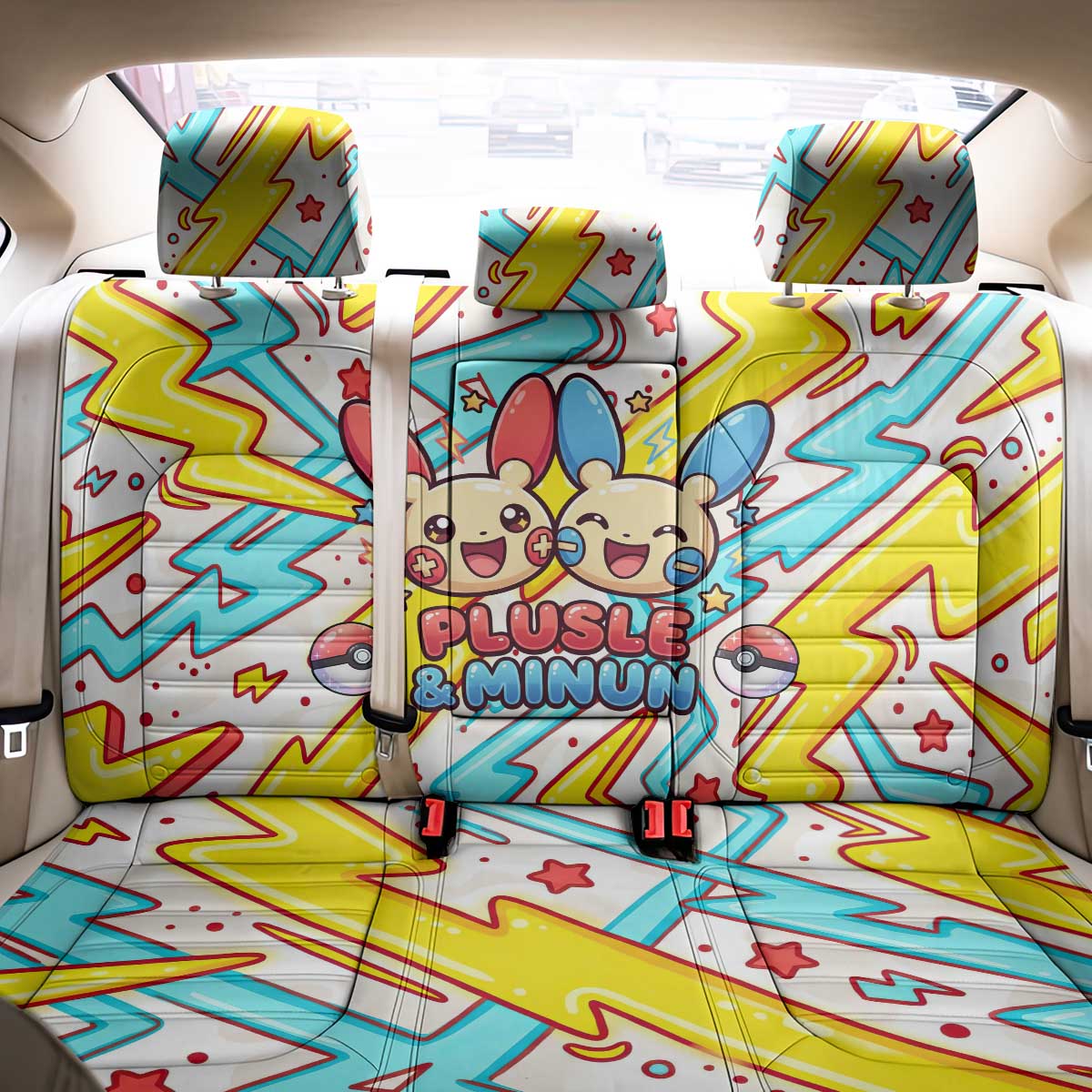 Plusle & Minun Back Car Seat Cover Colorful Kawaii Lightning Pop Art