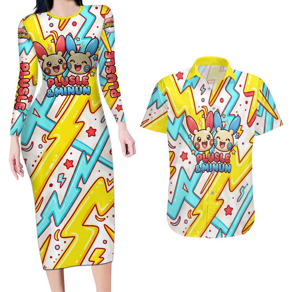Plusle & Minun Couples Matching Long Sleeve Bodycon Dress and Hawaiian Shirt Colorful Kawaii Lightning Pop Art