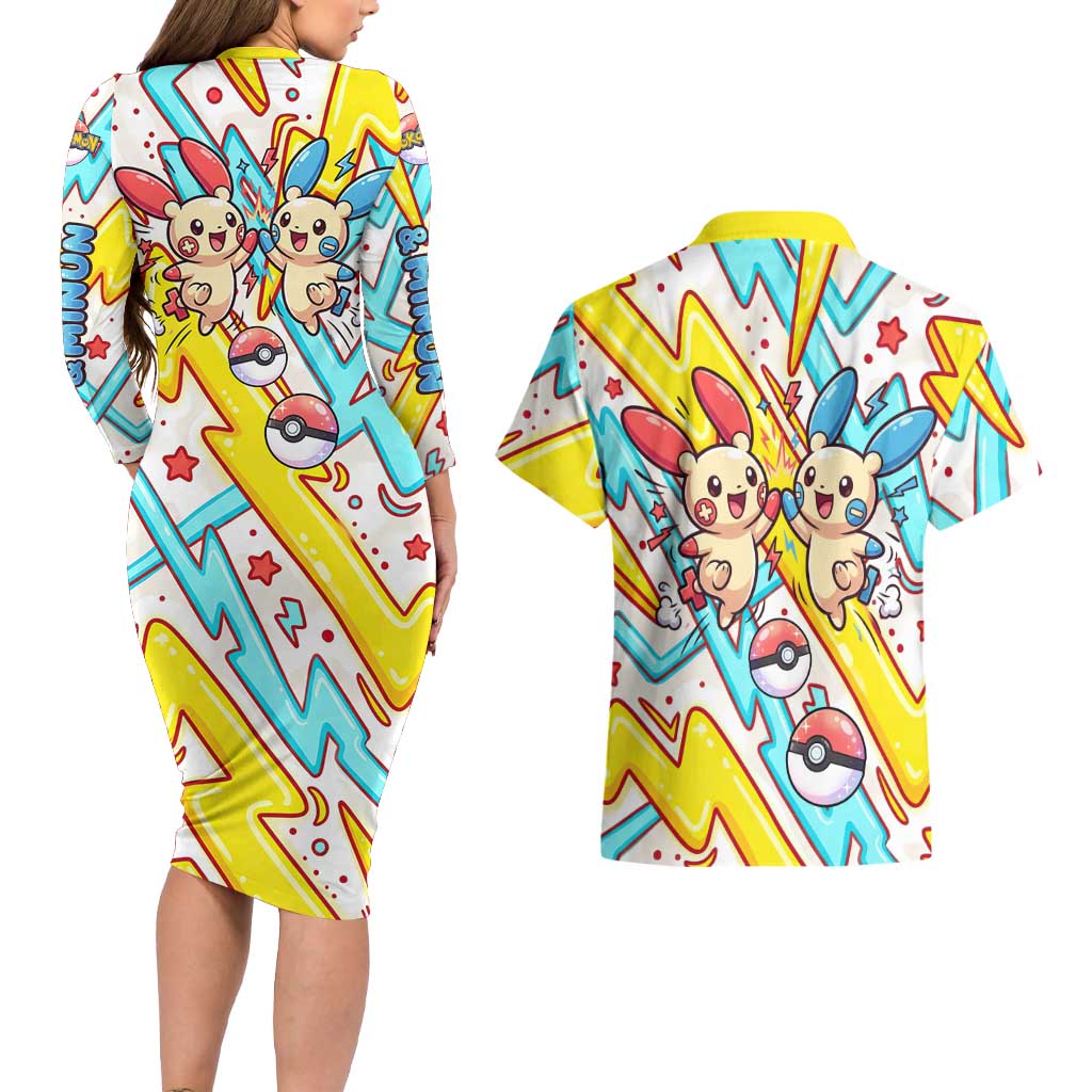 Plusle & Minun Couples Matching Long Sleeve Bodycon Dress and Hawaiian Shirt Colorful Kawaii Lightning Pop Art
