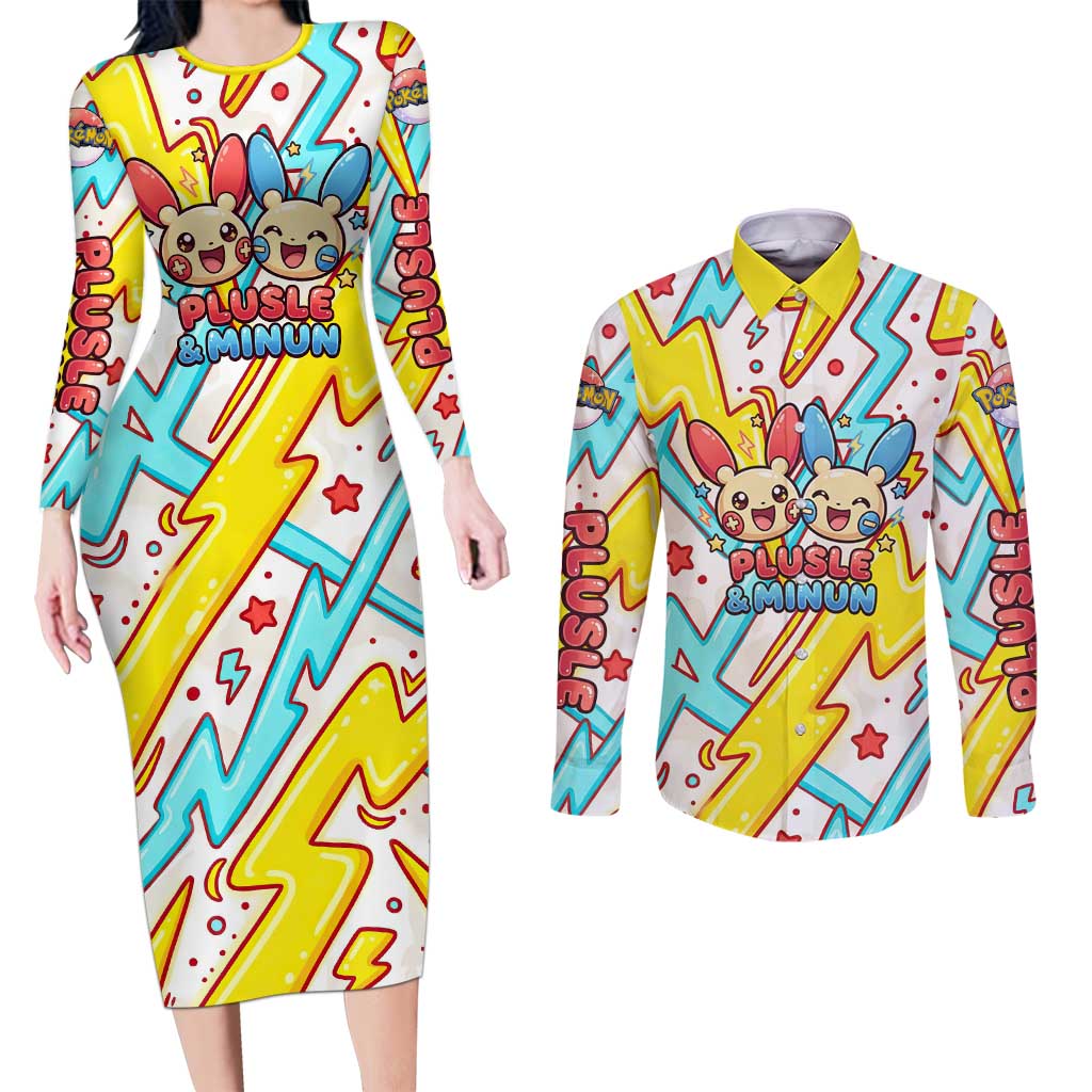 Plusle & Minun Couples Matching Long Sleeve Bodycon Dress and Long Sleeve Button Shirt Colorful Kawaii Lightning Pop Art