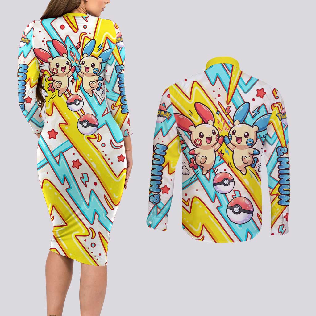 Plusle & Minun Couples Matching Long Sleeve Bodycon Dress and Long Sleeve Button Shirt Colorful Kawaii Lightning Pop Art