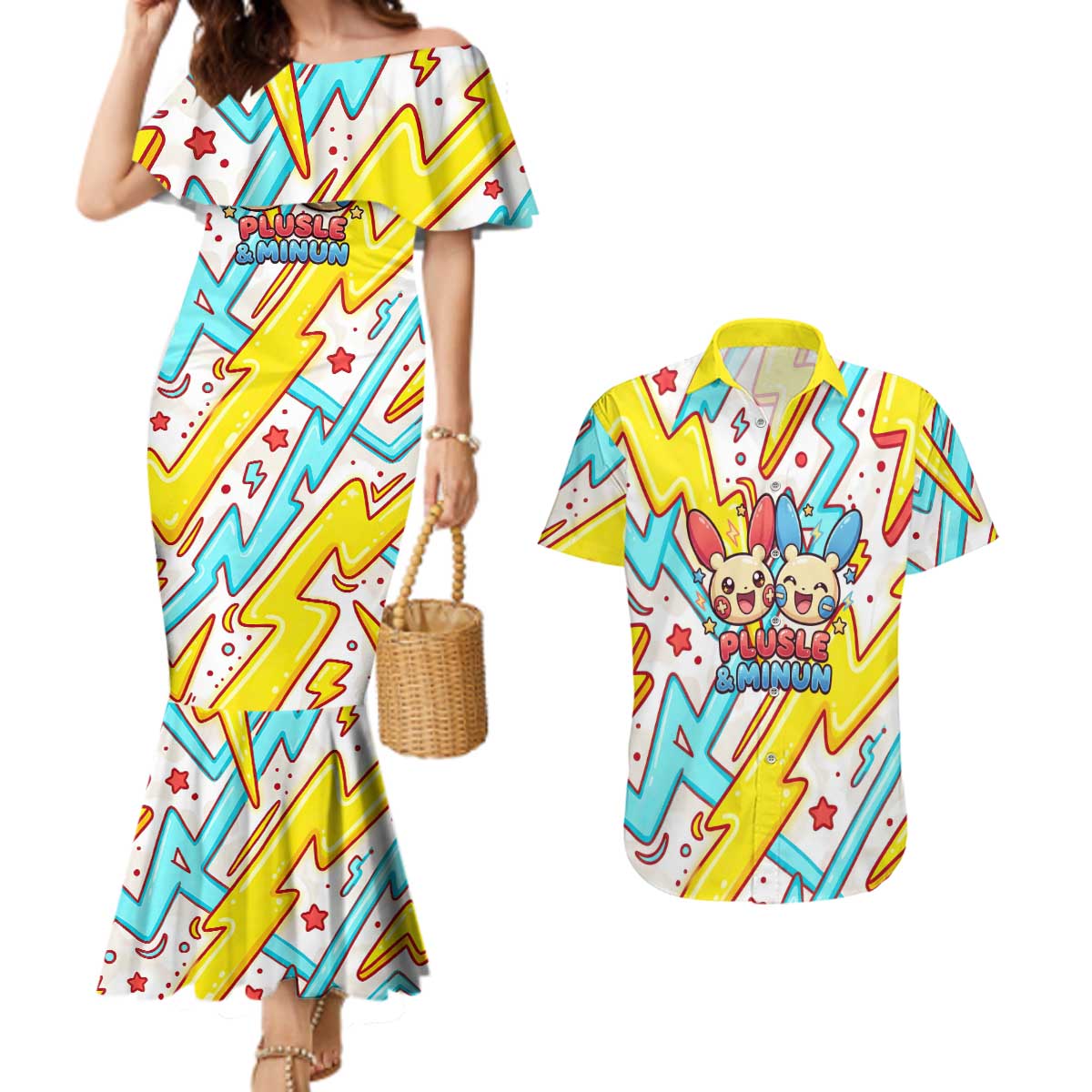 Plusle & Minun Couples Matching Mermaid Dress and Hawaiian Shirt Colorful Kawaii Lightning Pop Art