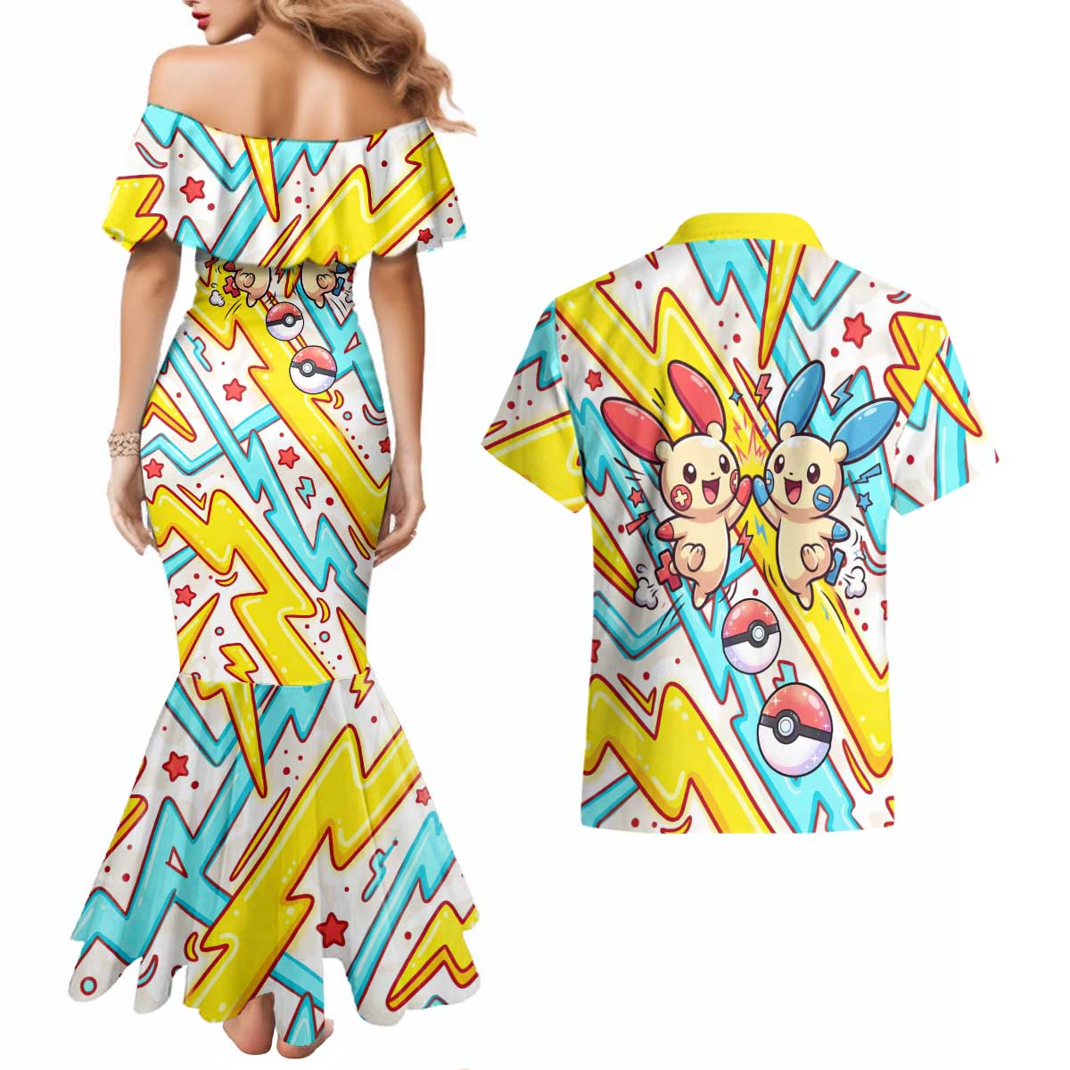 Plusle & Minun Couples Matching Mermaid Dress and Hawaiian Shirt Colorful Kawaii Lightning Pop Art