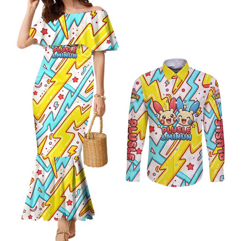 Plusle & Minun Couples Matching Mermaid Dress and Long Sleeve Button Shirt Colorful Kawaii Lightning Pop Art