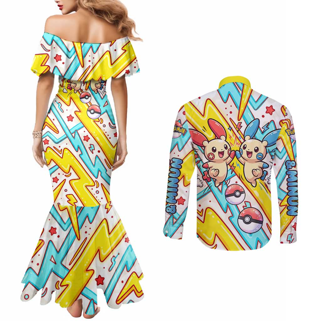 Plusle & Minun Couples Matching Mermaid Dress and Long Sleeve Button Shirt Colorful Kawaii Lightning Pop Art