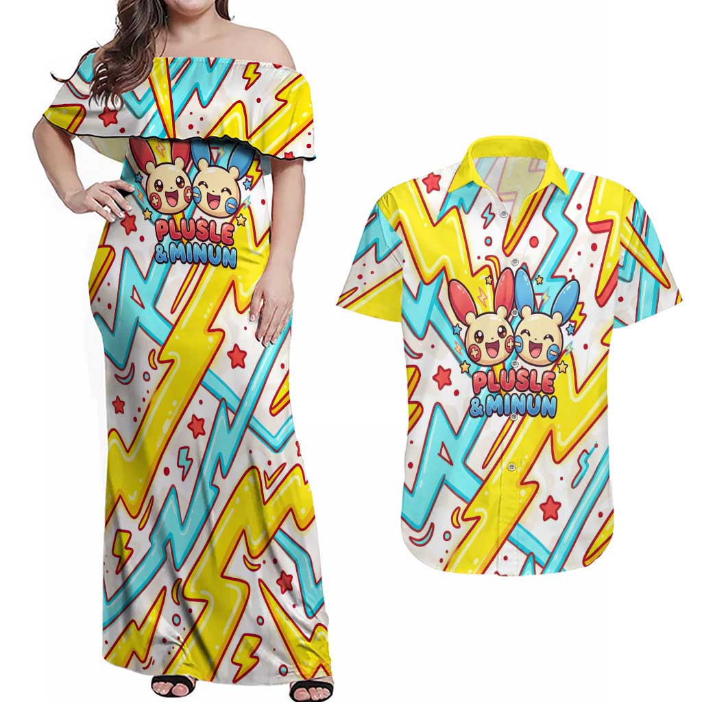 Plusle & Minun Couples Matching Off Shoulder Maxi Dress and Hawaiian Shirt Colorful Kawaii Lightning Pop Art