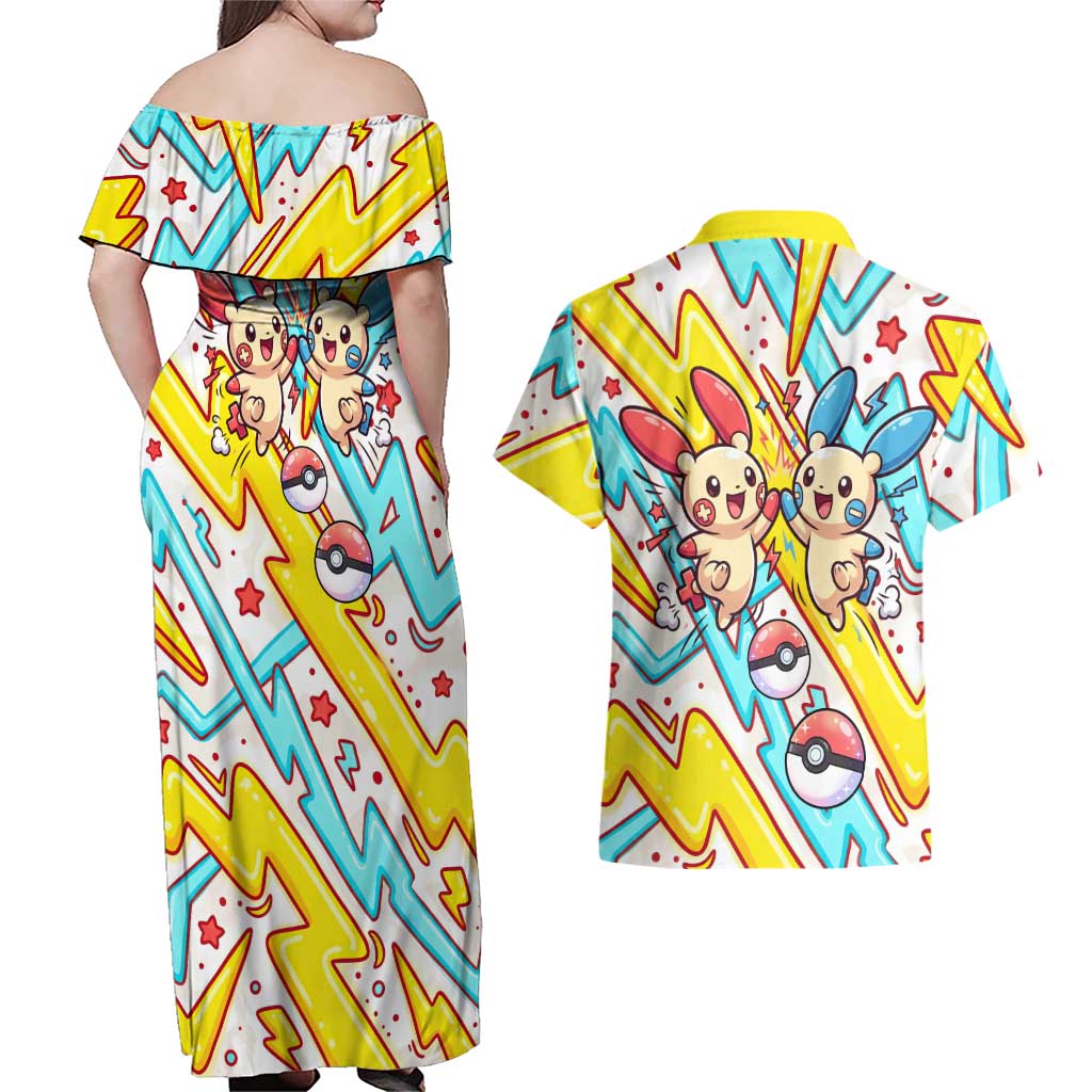 Plusle & Minun Couples Matching Off Shoulder Maxi Dress and Hawaiian Shirt Colorful Kawaii Lightning Pop Art
