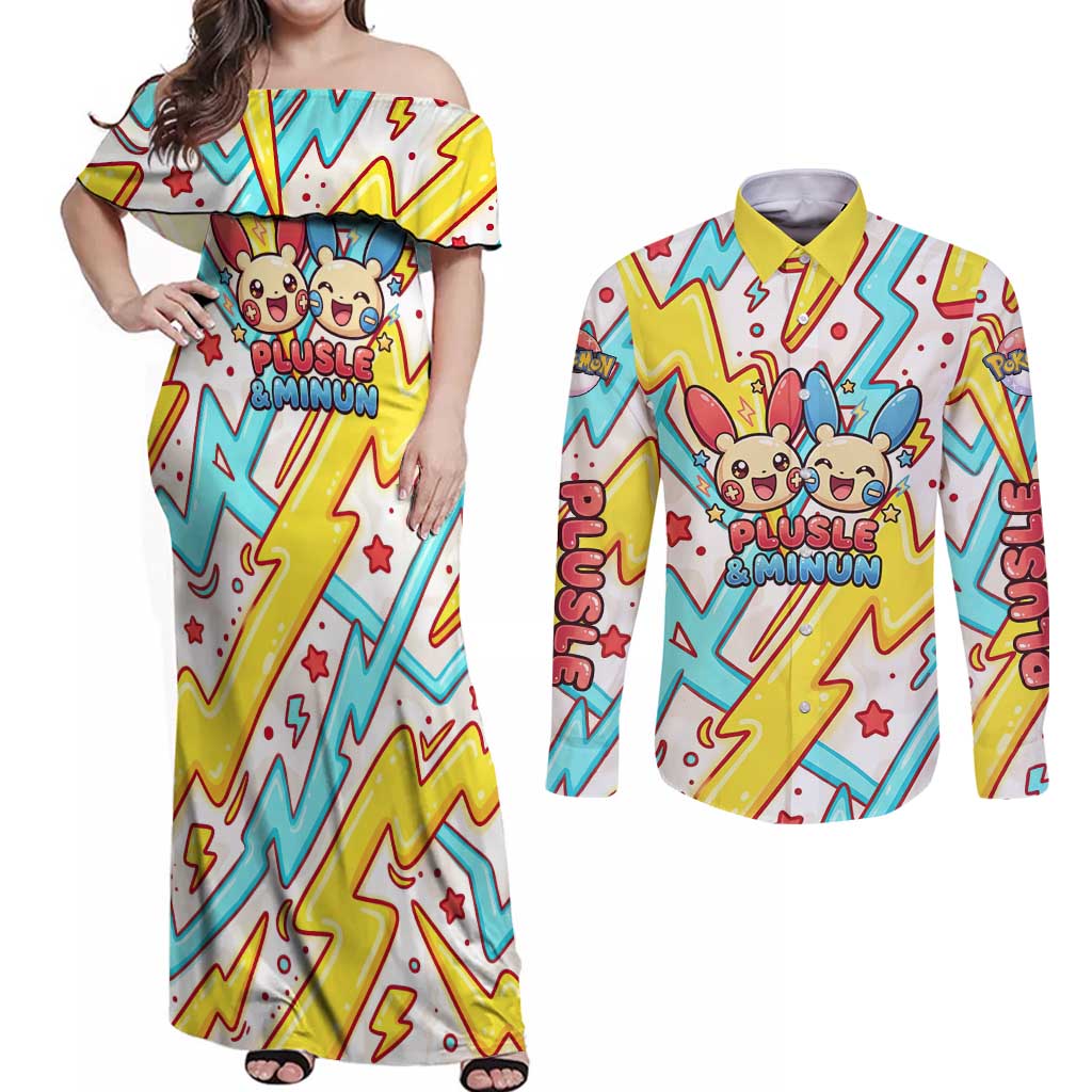 Plusle & Minun Couples Matching Off Shoulder Maxi Dress and Long Sleeve Button Shirt Colorful Kawaii Lightning Pop Art