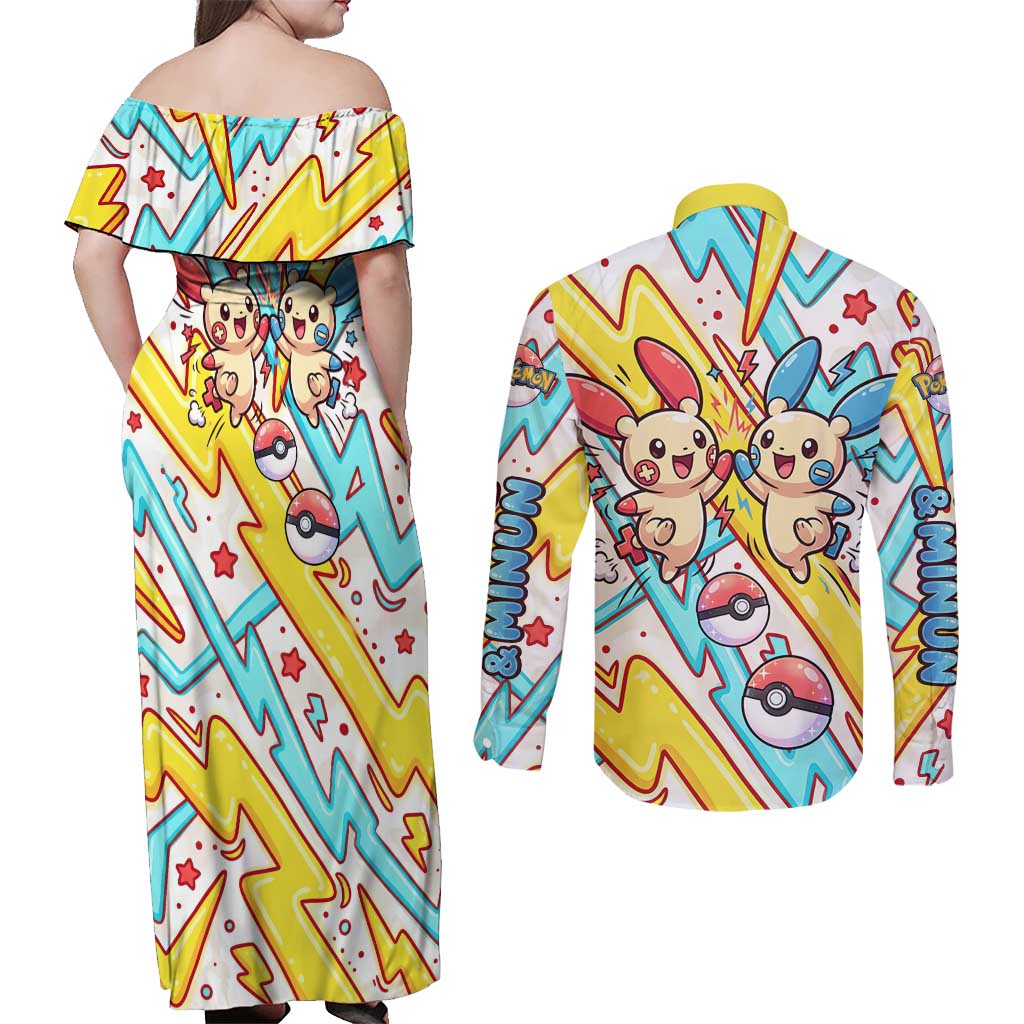 Plusle & Minun Couples Matching Off Shoulder Maxi Dress and Long Sleeve Button Shirt Colorful Kawaii Lightning Pop Art