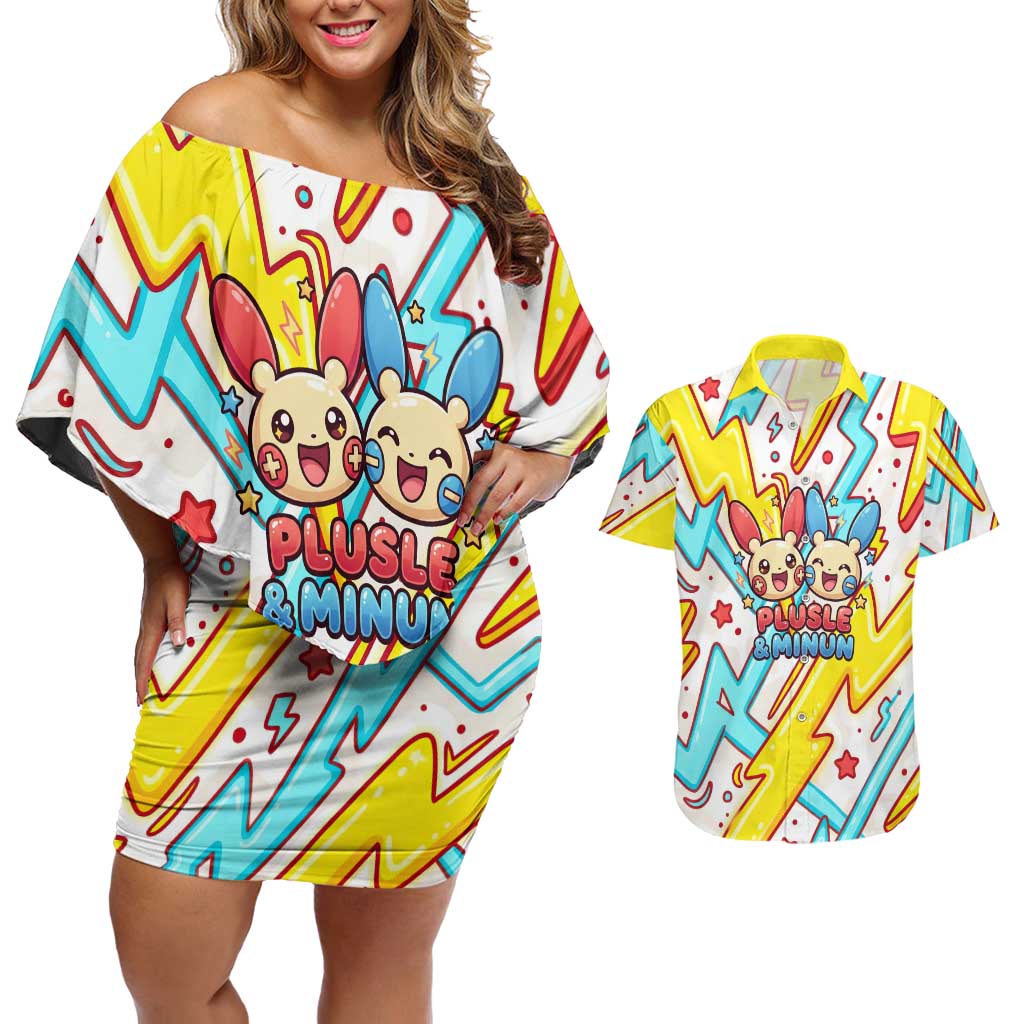 Plusle & Minun Couples Matching Off Shoulder Short Dress and Hawaiian Shirt Colorful Kawaii Lightning Pop Art