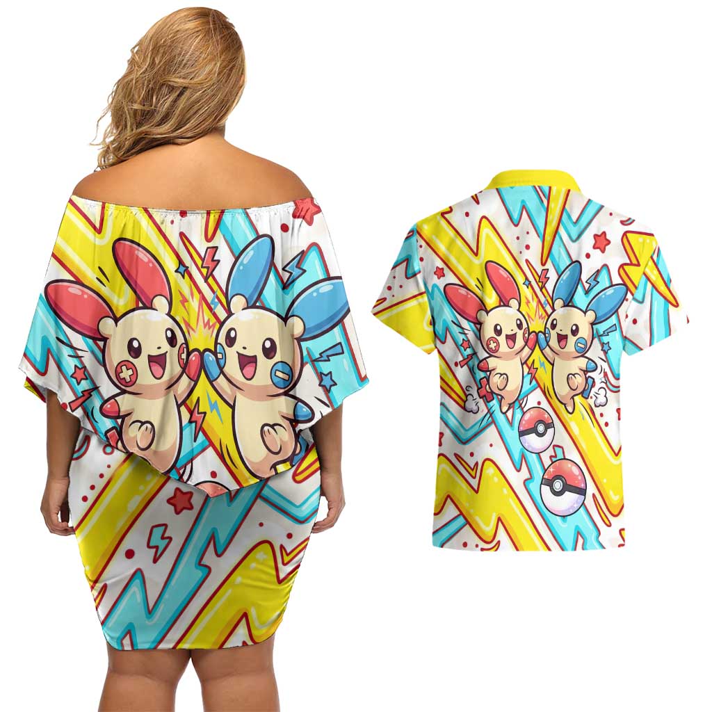 Plusle & Minun Couples Matching Off Shoulder Short Dress and Hawaiian Shirt Colorful Kawaii Lightning Pop Art