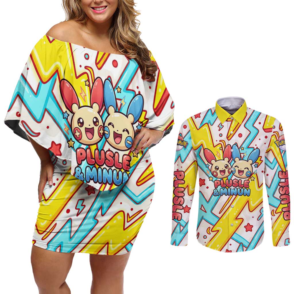Plusle & Minun Couples Matching Off Shoulder Short Dress and Long Sleeve Button Shirt Colorful Kawaii Lightning Pop Art