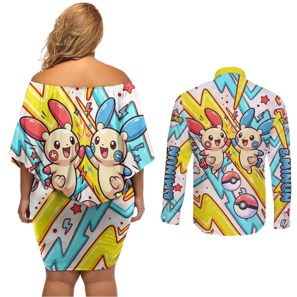 Plusle & Minun Couples Matching Off Shoulder Short Dress and Long Sleeve Button Shirt Colorful Kawaii Lightning Pop Art