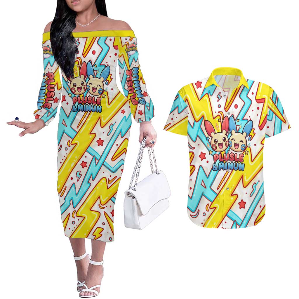 Plusle & Minun Couples Matching Off The Shoulder Long Sleeve Dress and Hawaiian Shirt Colorful Kawaii Lightning Pop Art